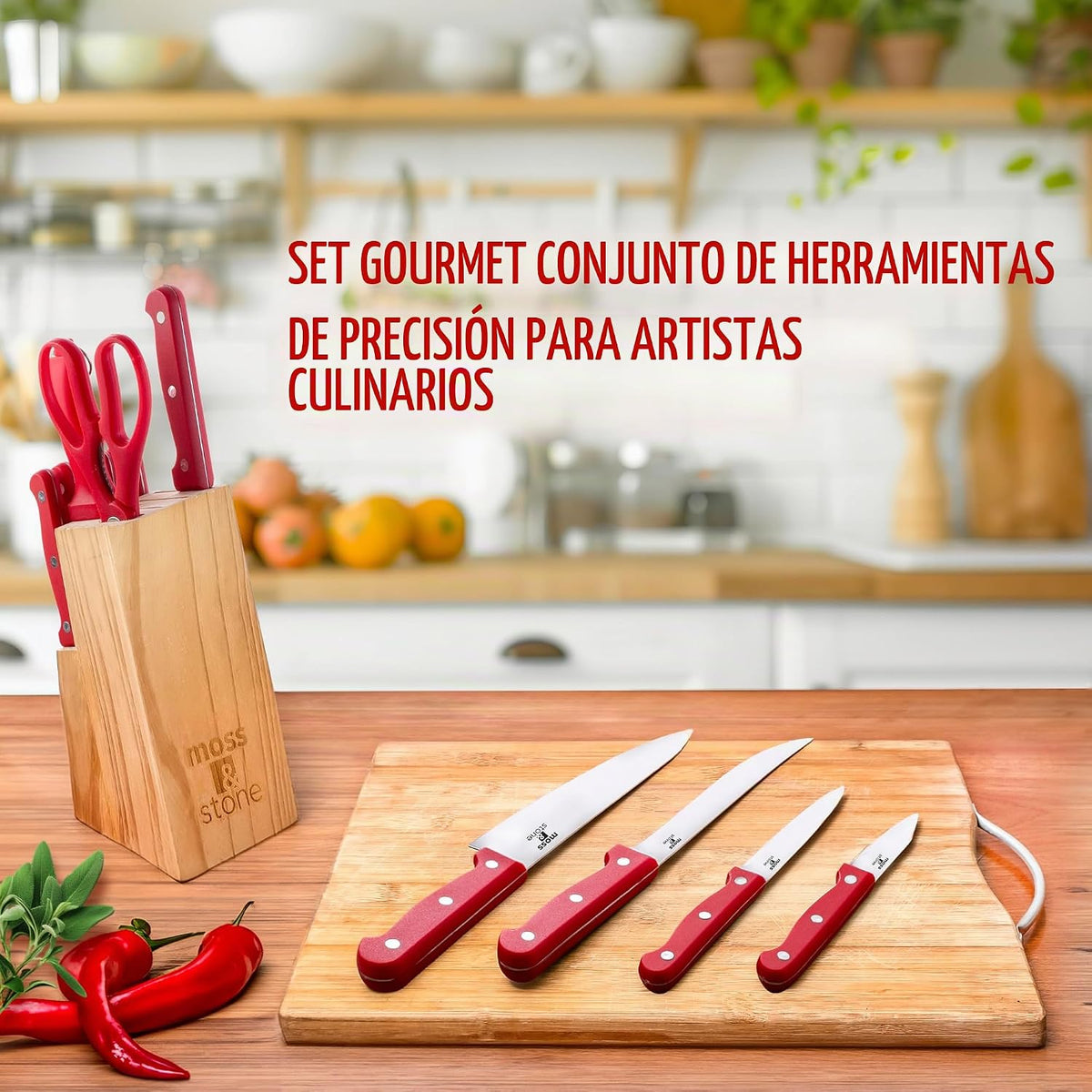 Moss &amp; Stone Juego de cuchillos de cocina rojos de 14 piezas co...