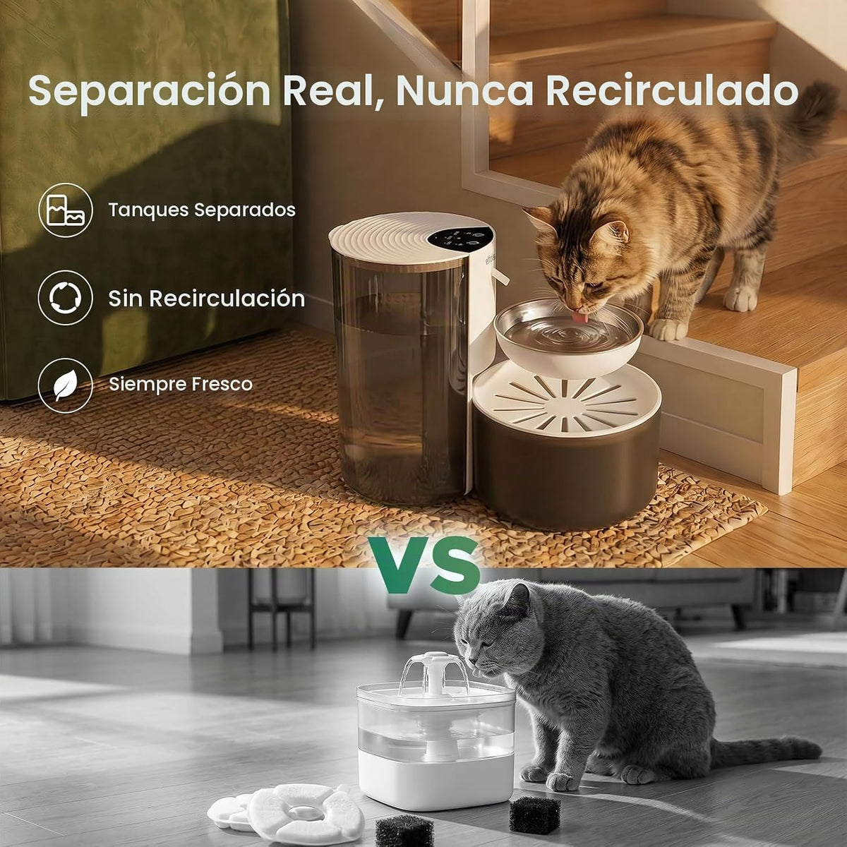 Elfois Fuente de agua para gatos sin filtro, dispensador de agua re...