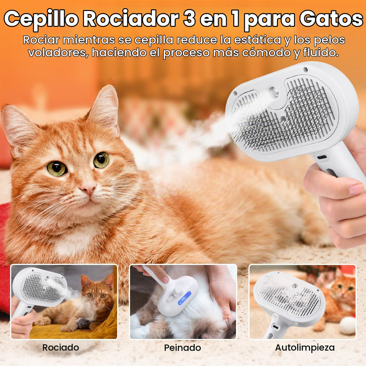 Cepillo de vapor para gatos 3 en 1, cepillo de vapor para mascotas...