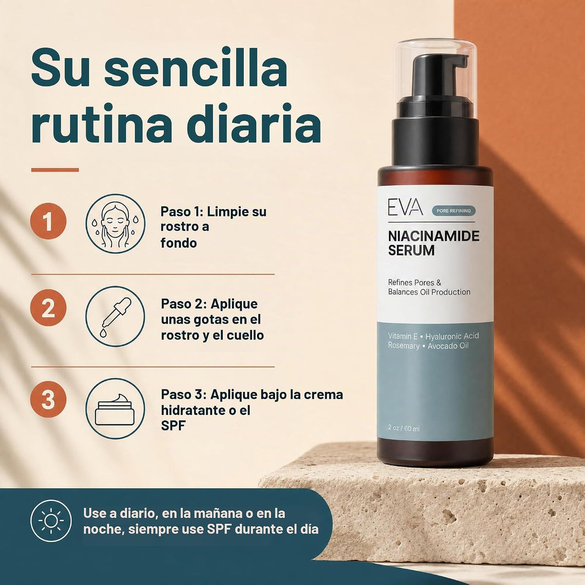 Suero Eva Naturals con vitamina B3 5 % niacinamida (2 oz), benefici...