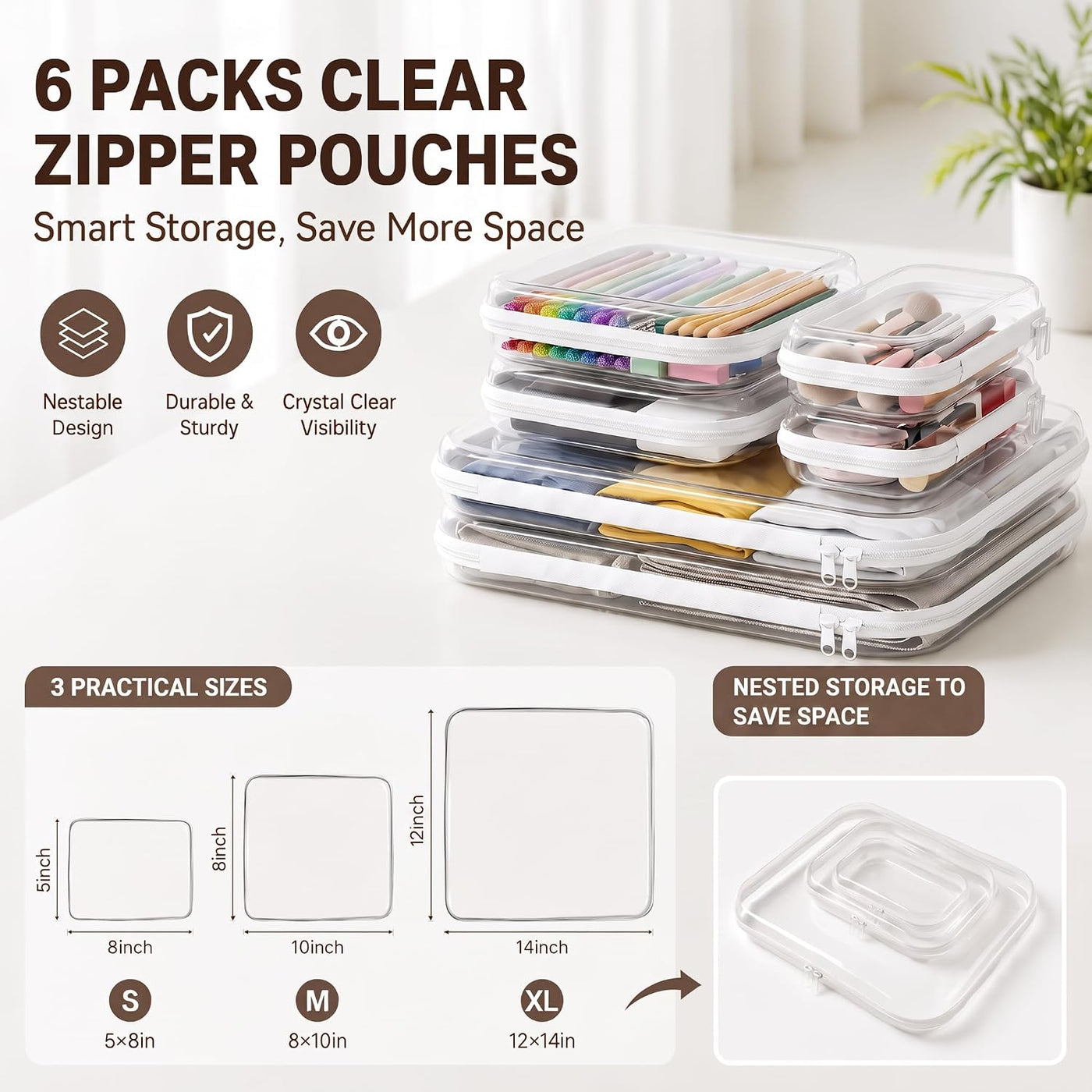 Estuche rígido transparente con cremallera, paquete de 6 bolsas | B...