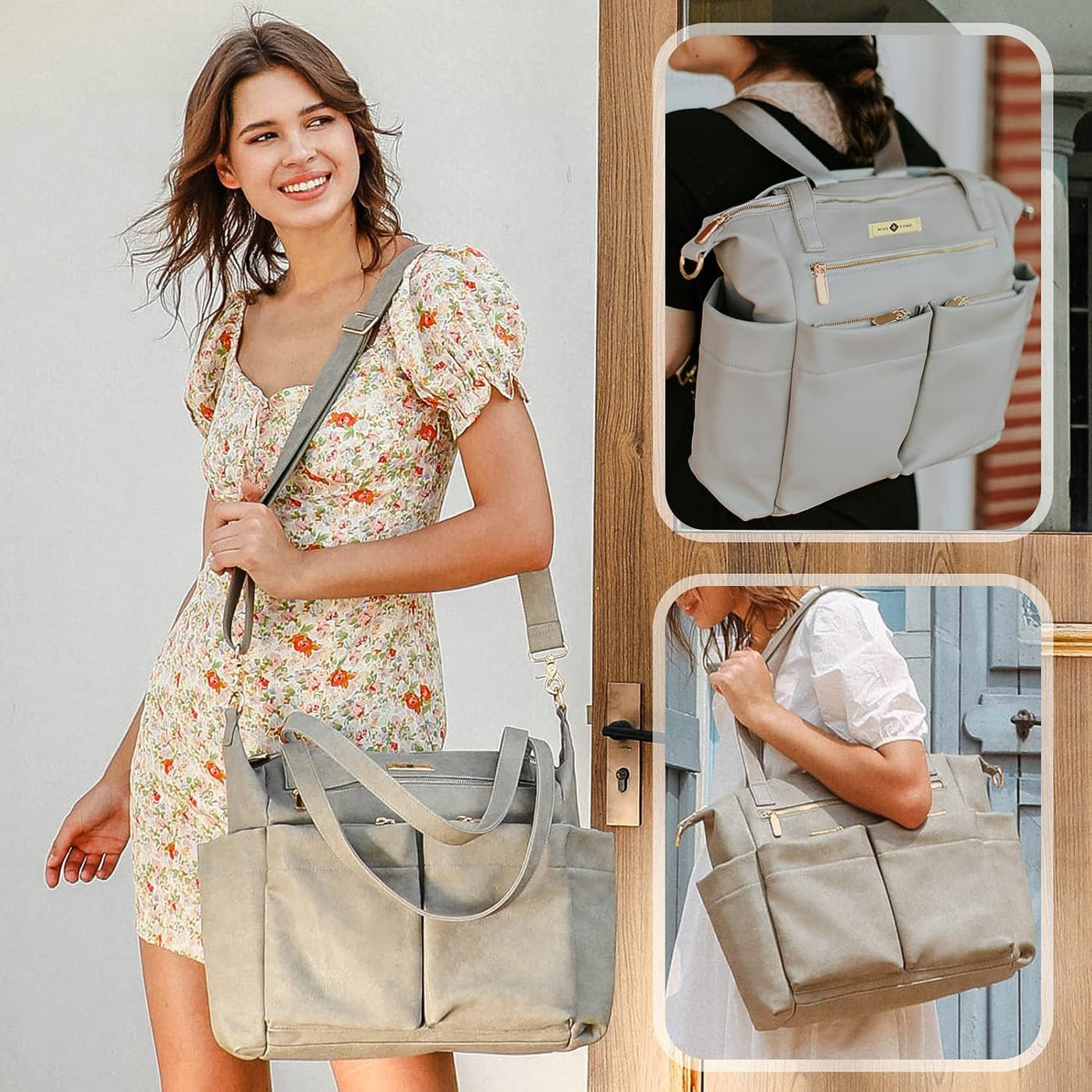 Miss Fong Bolso de cuero para pañales con almohadilla para cambiar,...