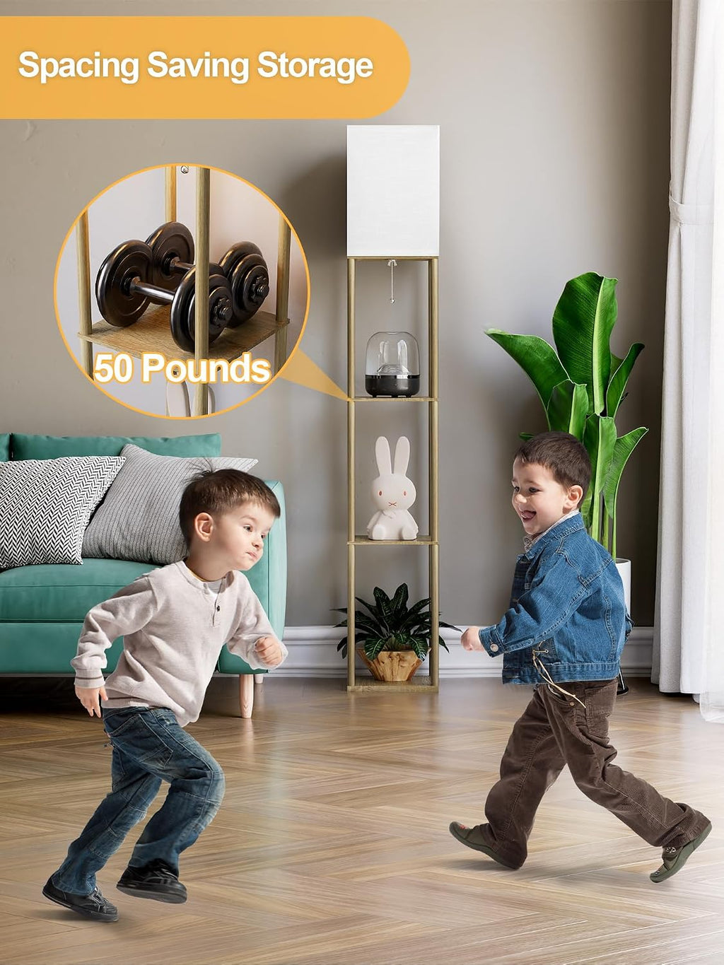 PARTPHONER Lámpara de pie con estantes para sala de estar, madera n...