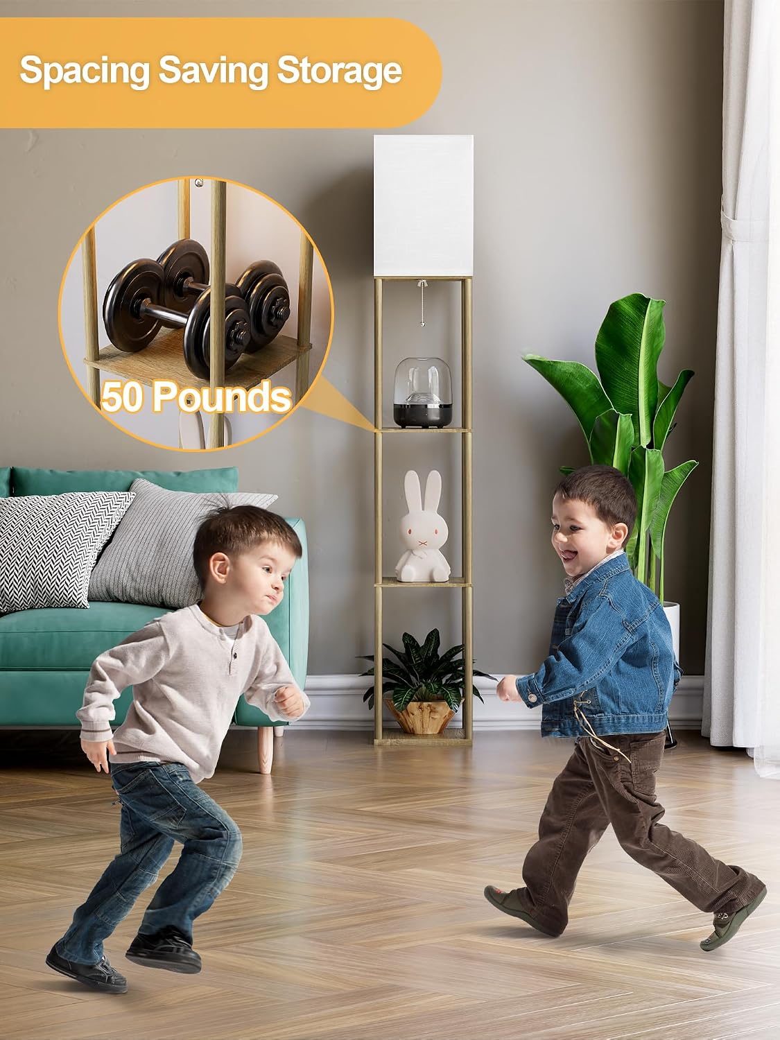 PARTPHONER Lámpara de pie con estantes para sala de estar, madera n...