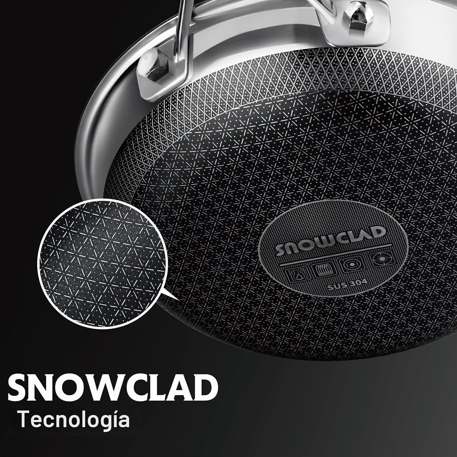 SNOWCLAD Sartén híbrida antiadherente de acero inoxidable con tapa,...