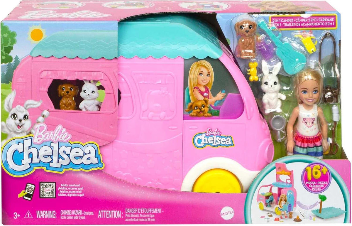 Barbie Camper, Chelsea 2 en 1 Playset | Muñeca pequeña, 2 mascotas...