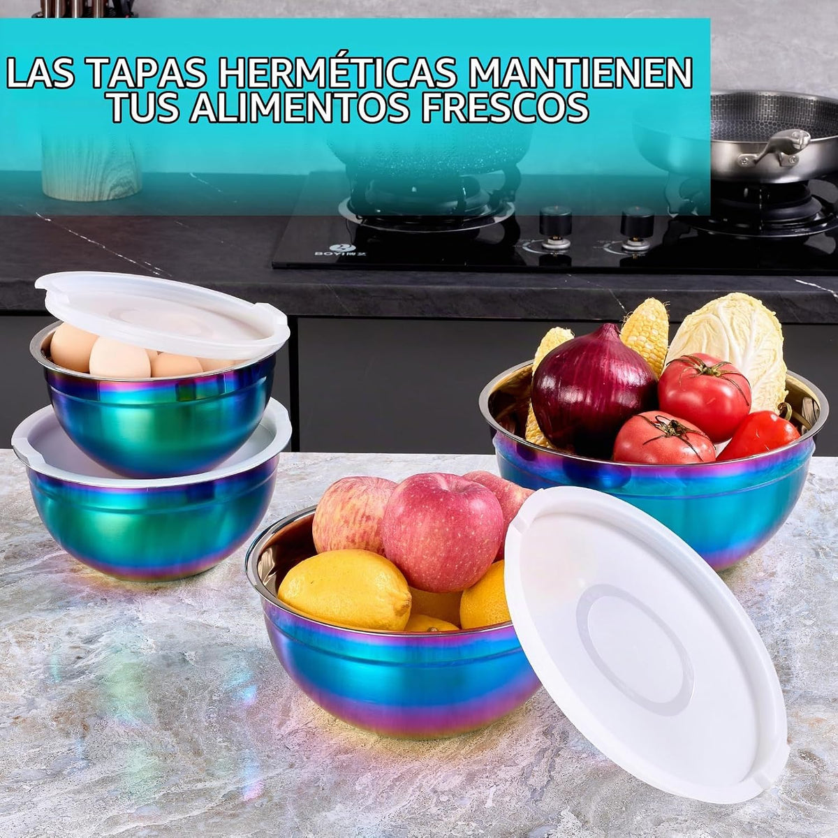 DINYWOW Juego de 4 cuencos de mezcla arcoíris con tapas para cocina...
