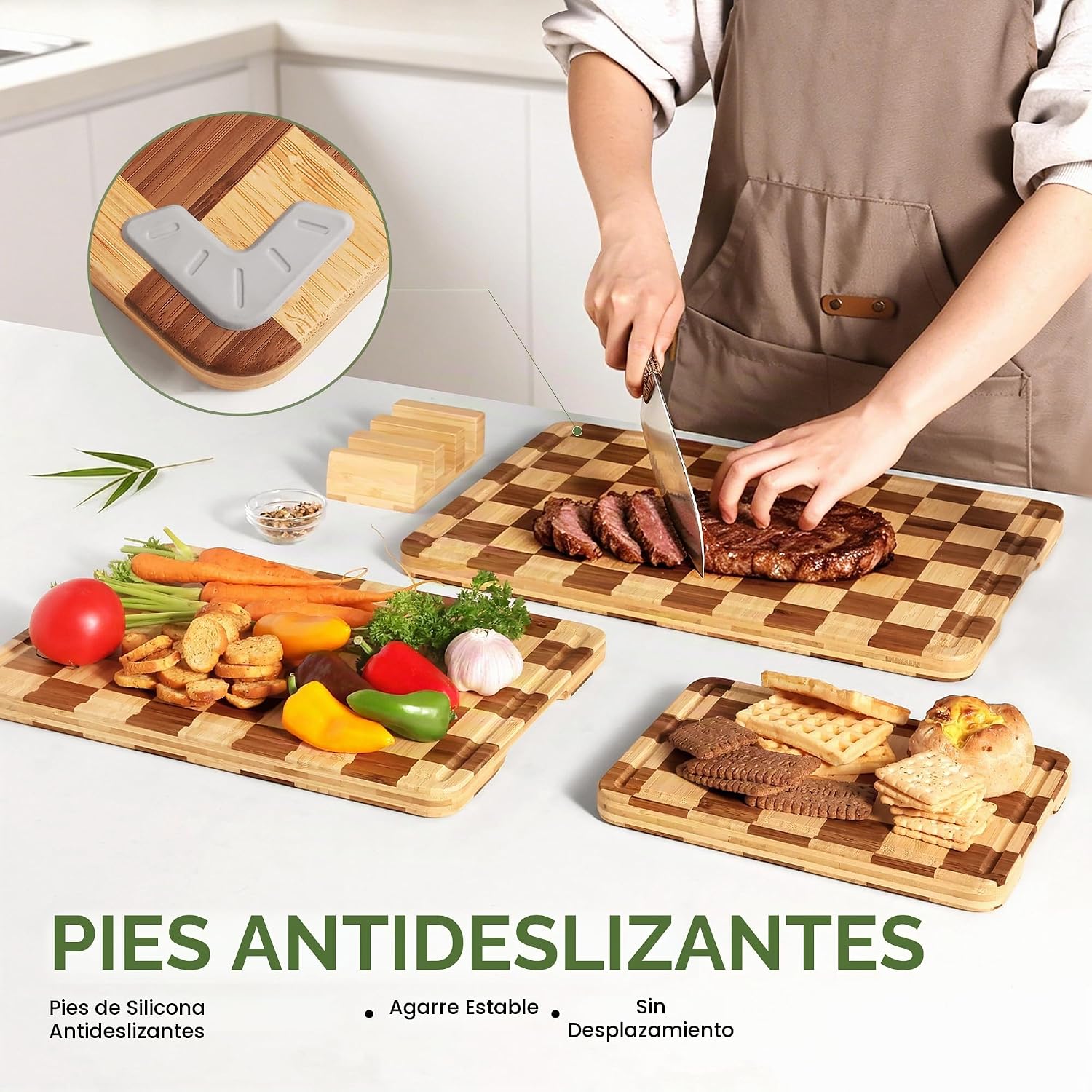 Juego de 3 tablas de cortar de bambú para cocina, tabla de cortar d...