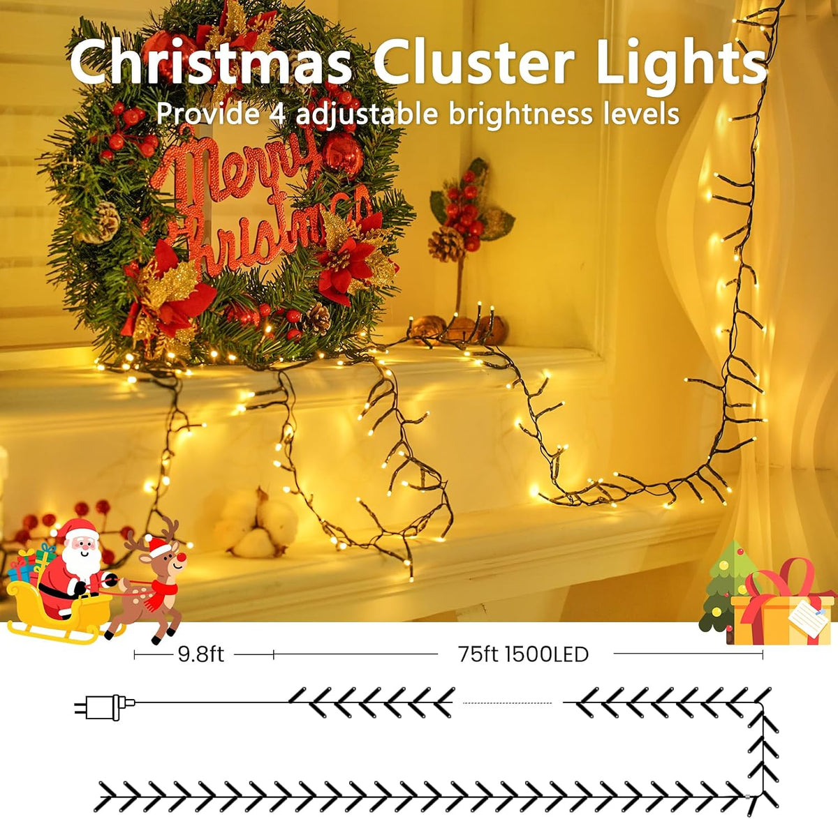 BHCLIGHT Luces de Navidad en racimo de 1500 LED de 75 pies con cont...