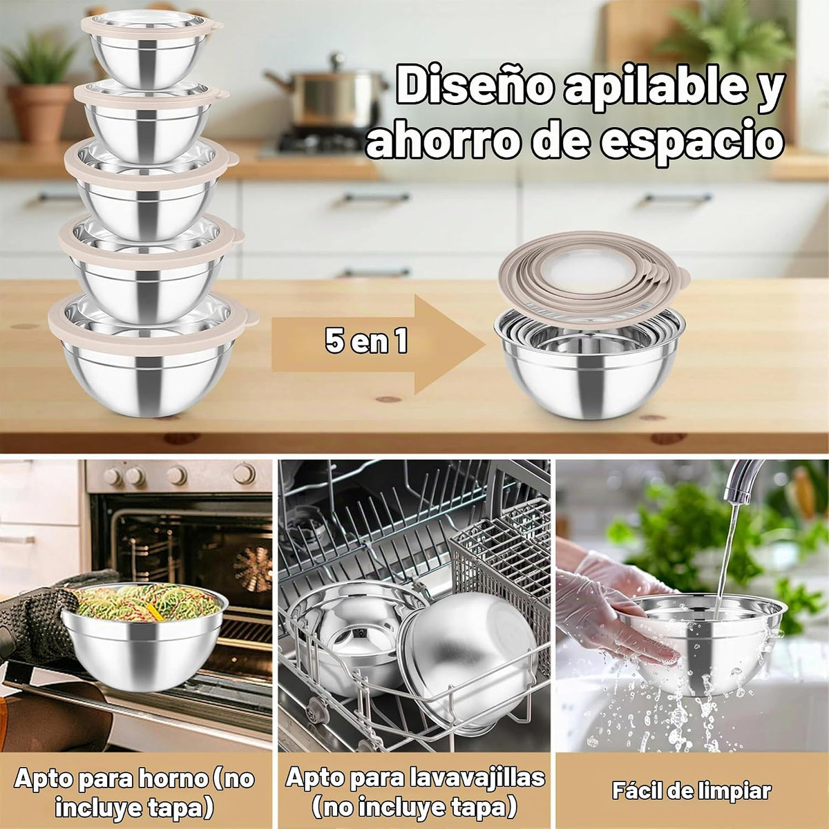 TeamFar - Juego de 5 tazones para mezclar con tapas, de acero inoxi...