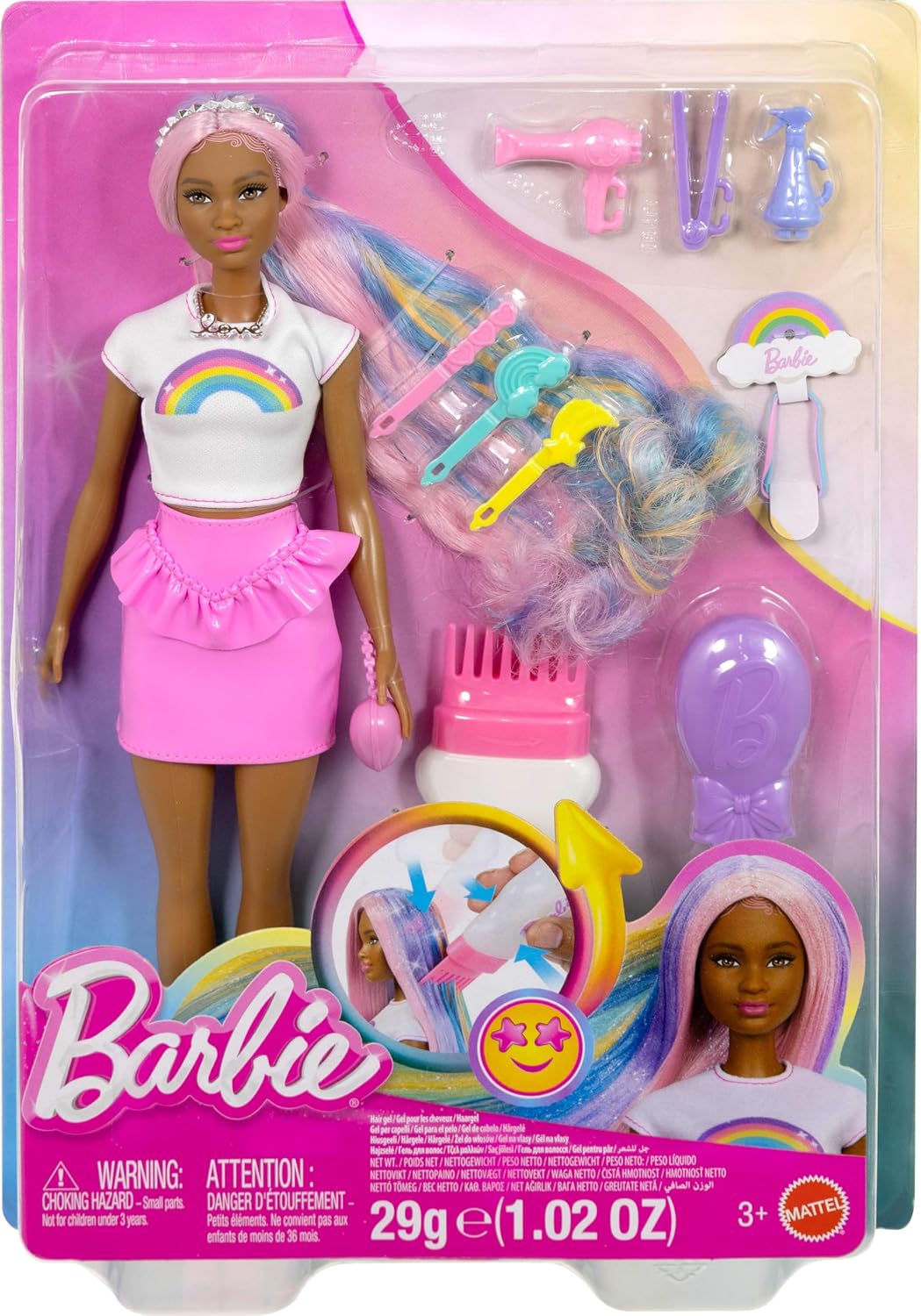Muñeca Barbie con pelo brillante y arcoíris y accesorios temáticos...