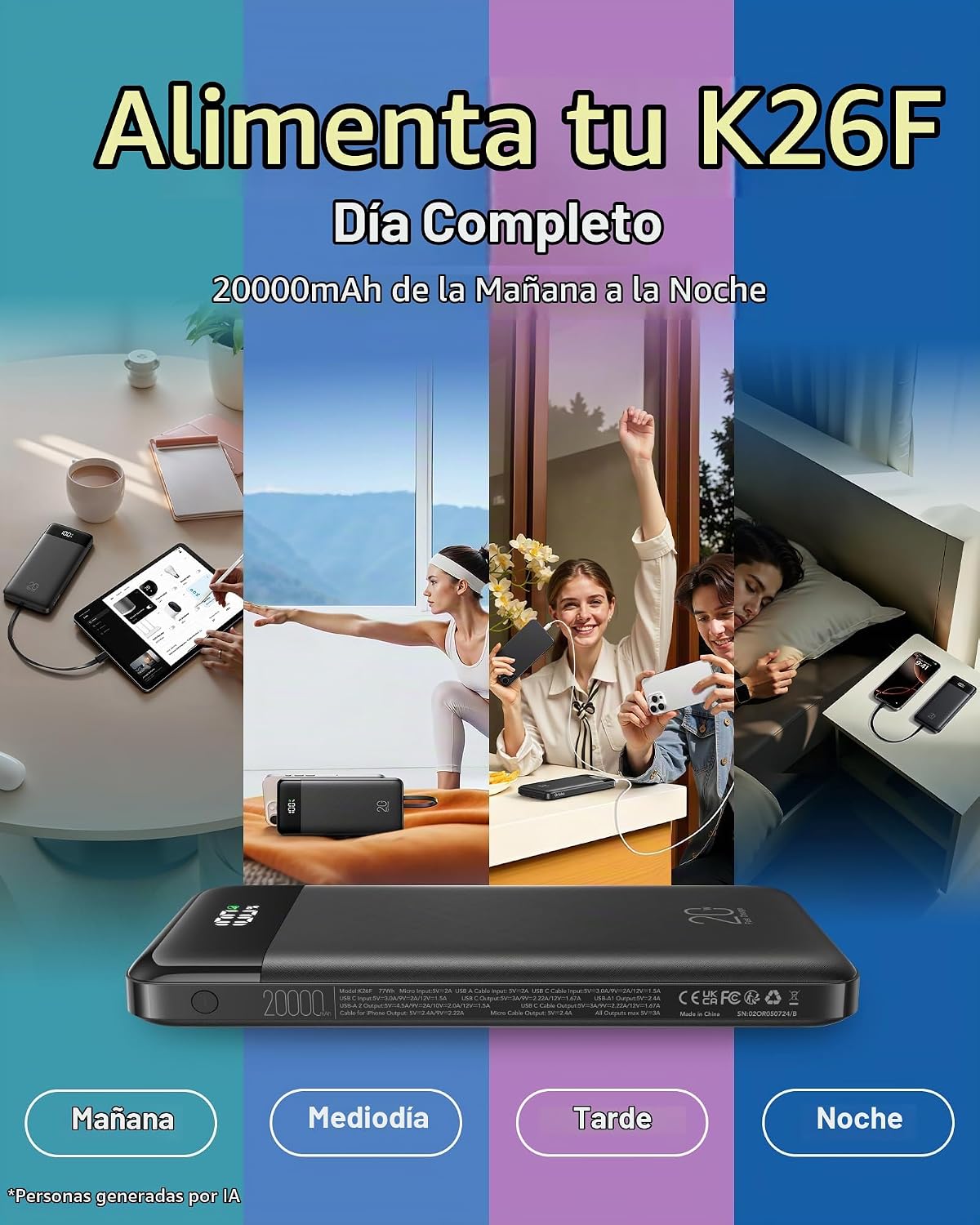 Orfeika 20000mAh Power Bank, cargador portátil con 4 cables incorpo...