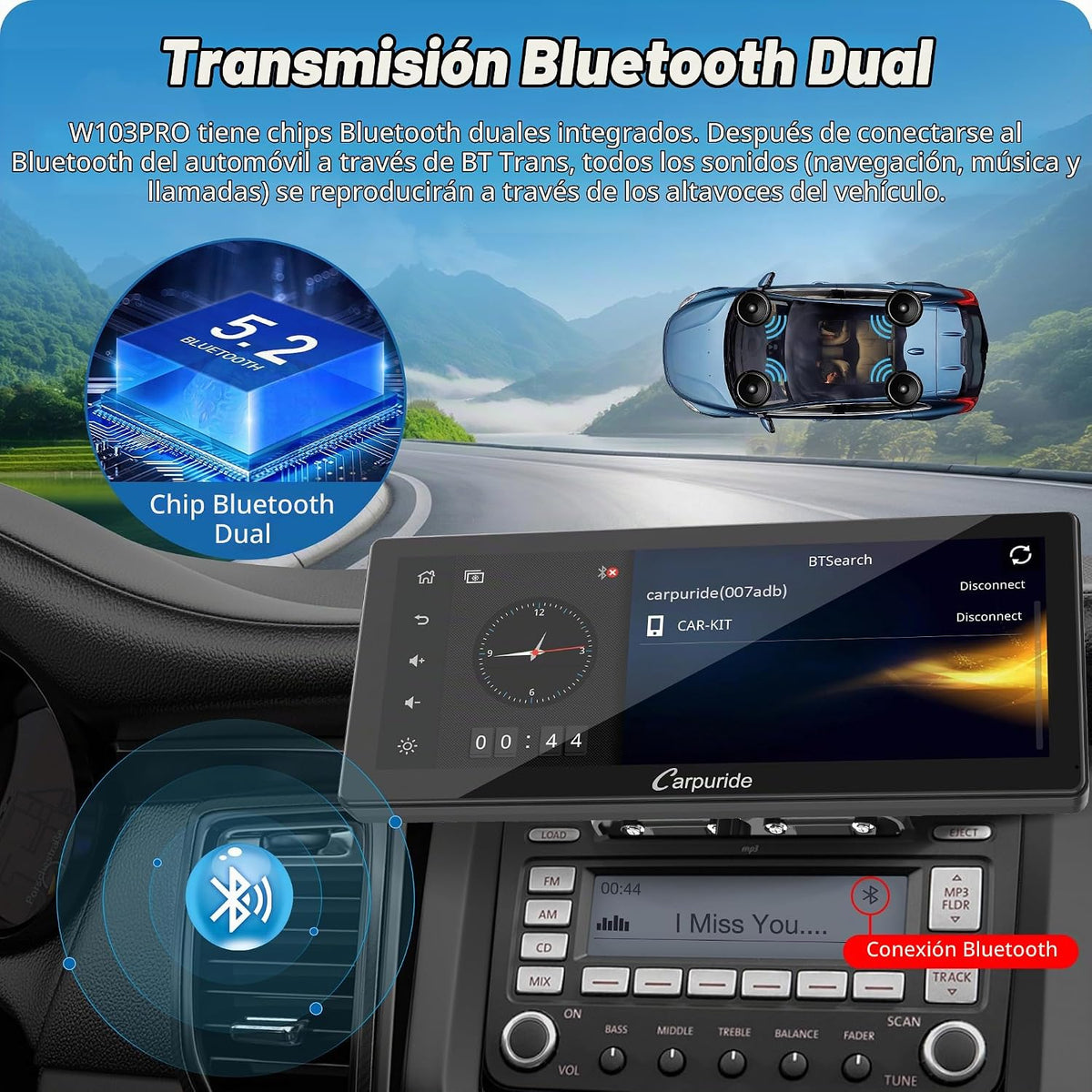 Carpuride W103 Pro 10.3" CarPlay Android Transmisor Bluetooth Auto...