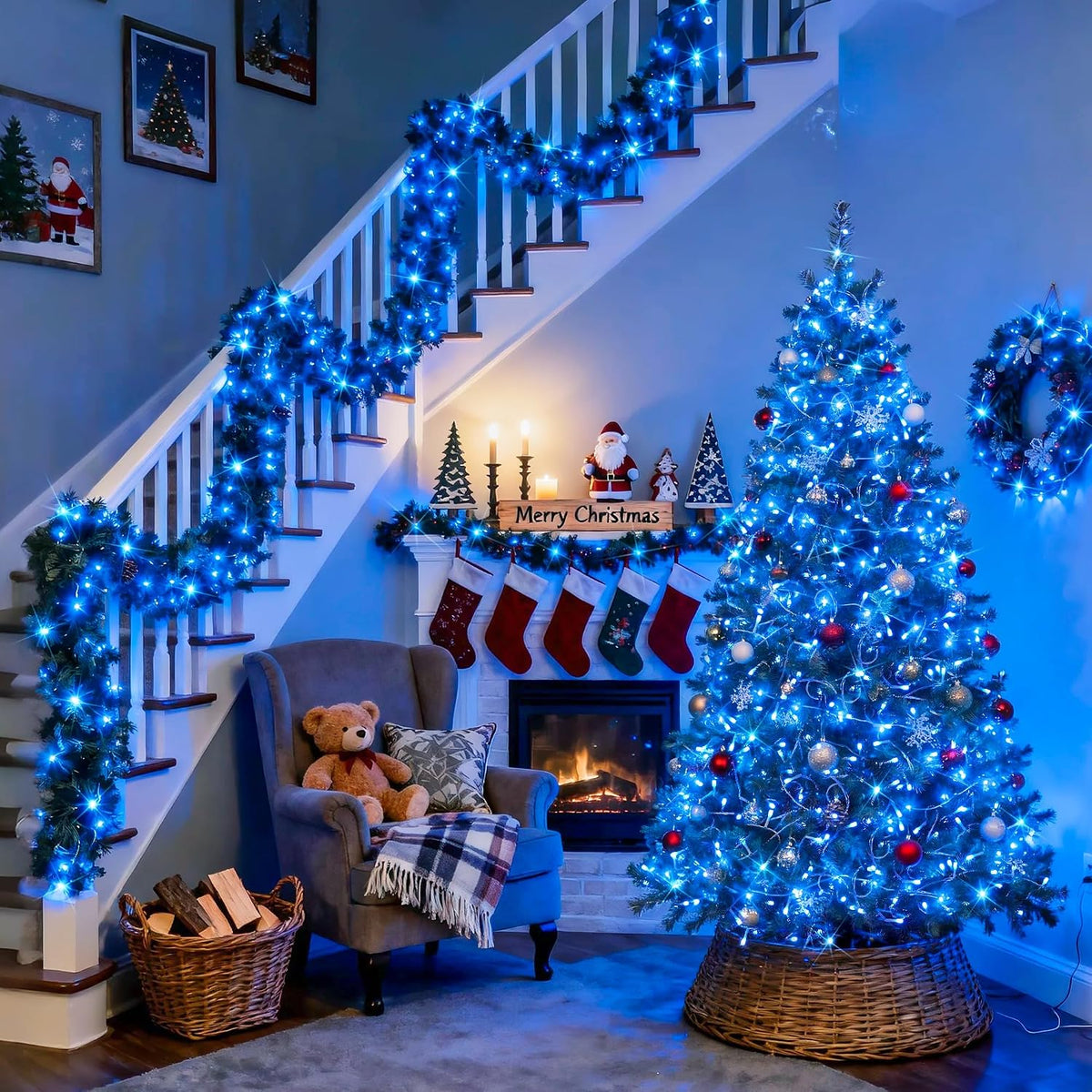 JMEXSUSS Luces de Cadena Azules de Navidad para Interiores y Exteri...