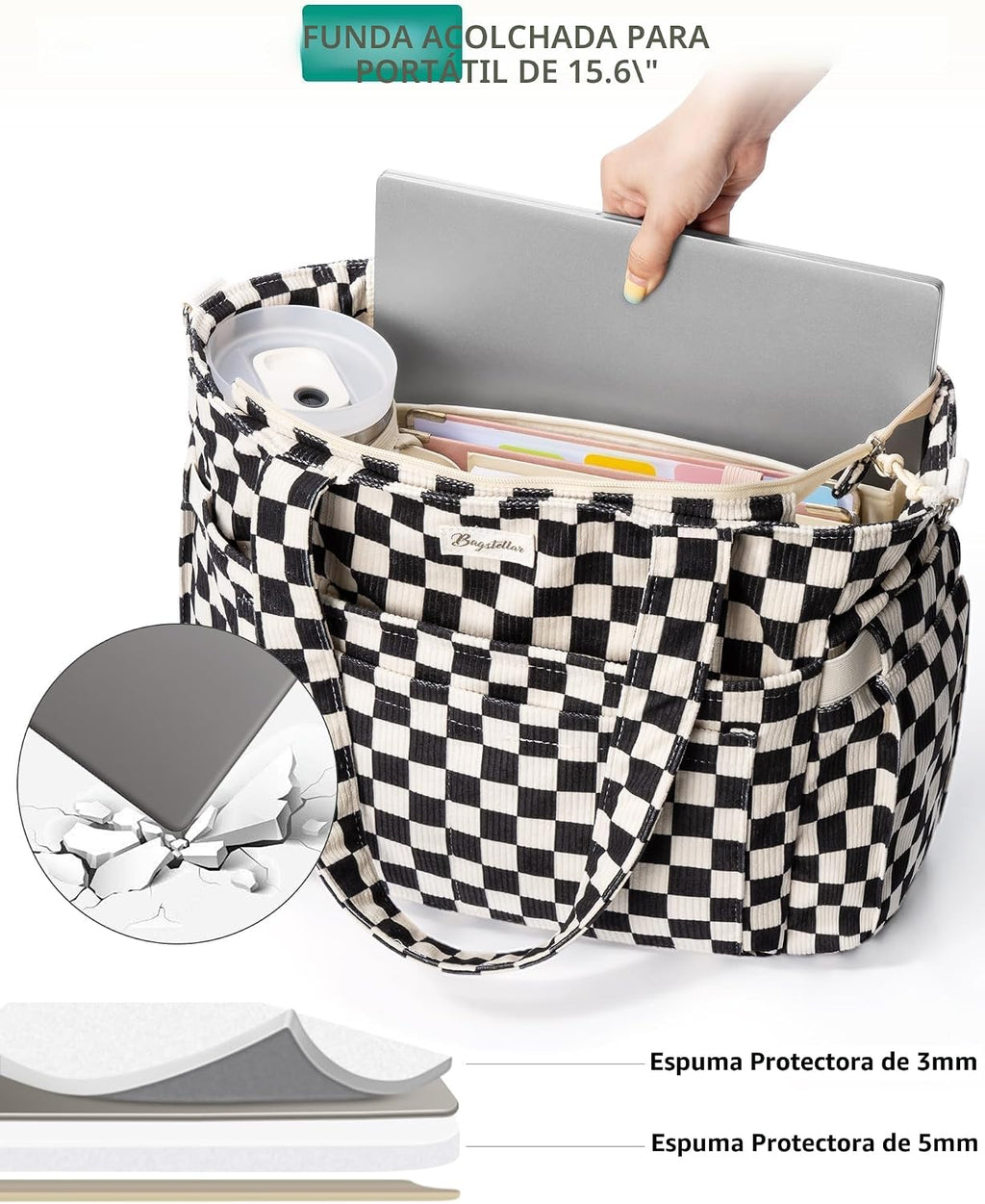 Bolsa tote de pana para mujeres, 17 bolsillos para laptop de trabaj...