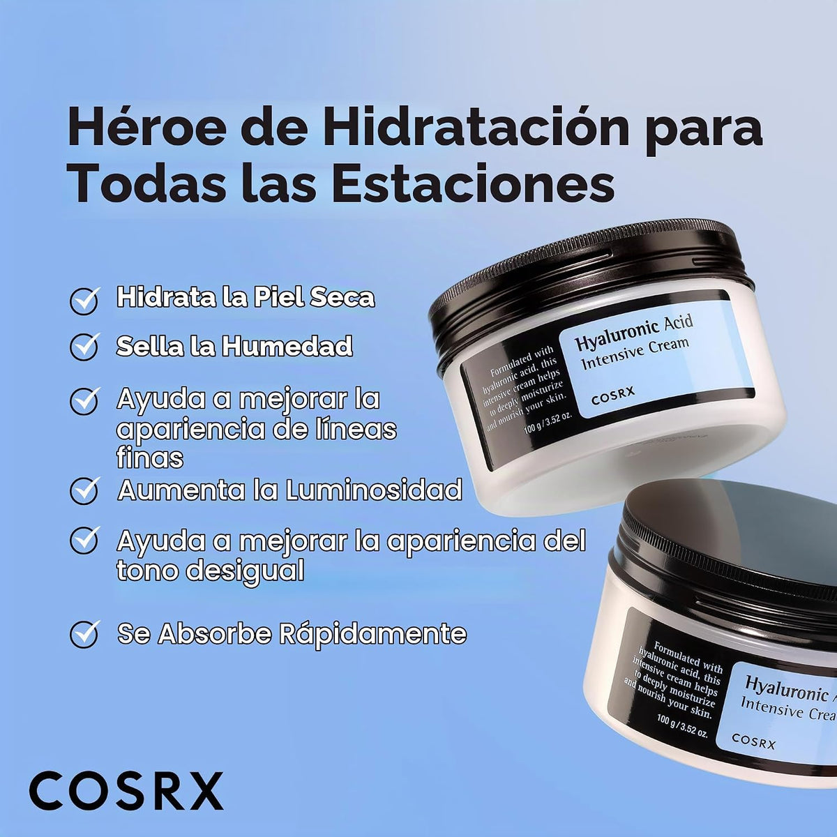 COSRX Crema de ácido hialurónico, hidratante diario para pieles sen...