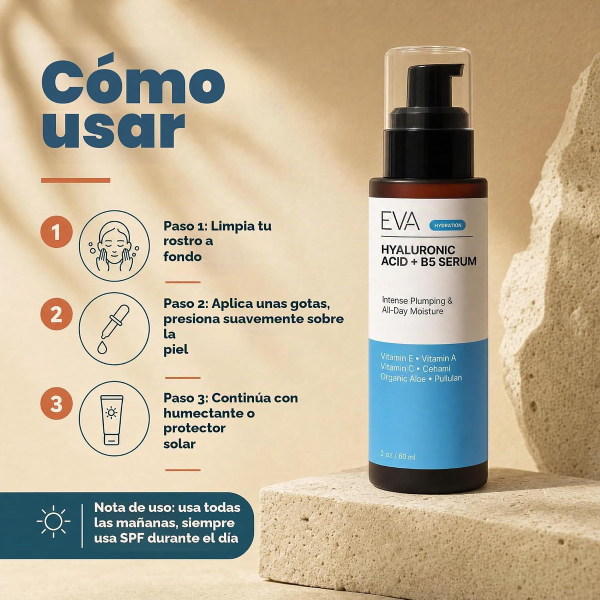 Eva Naturals Ácido hialurónico + B5 y vitamina C suero facial, hidr...