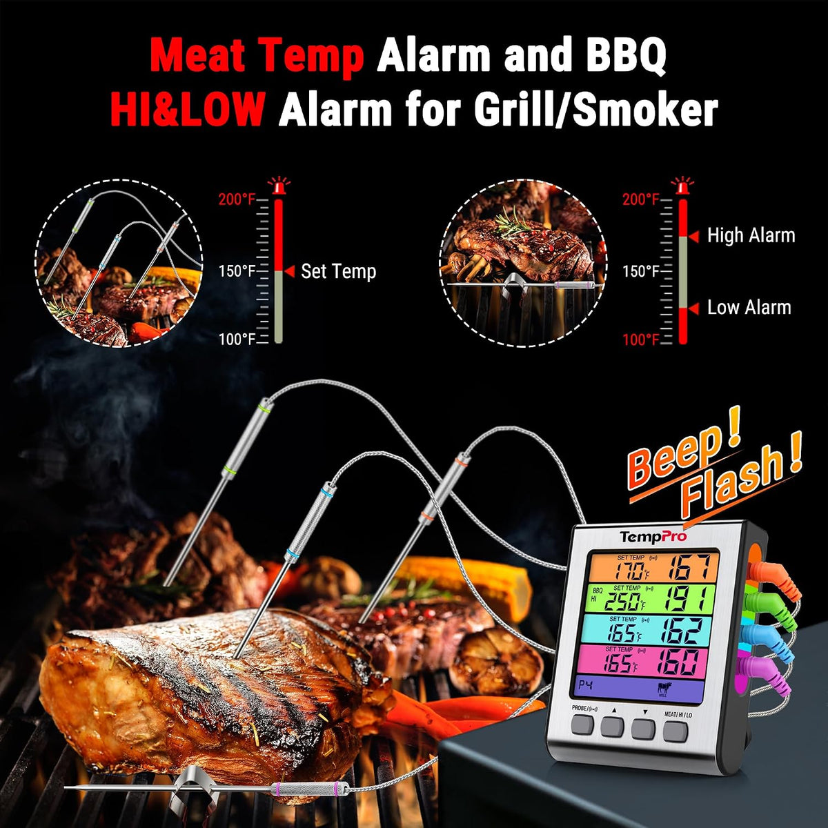 TempPro TempTrack Termómetro digital para carne con 4 sondas de tem...