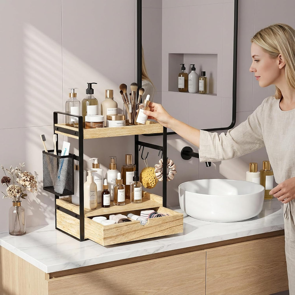 Organizador de encimera de baño de 2 niveles con cesta de cajón y g...