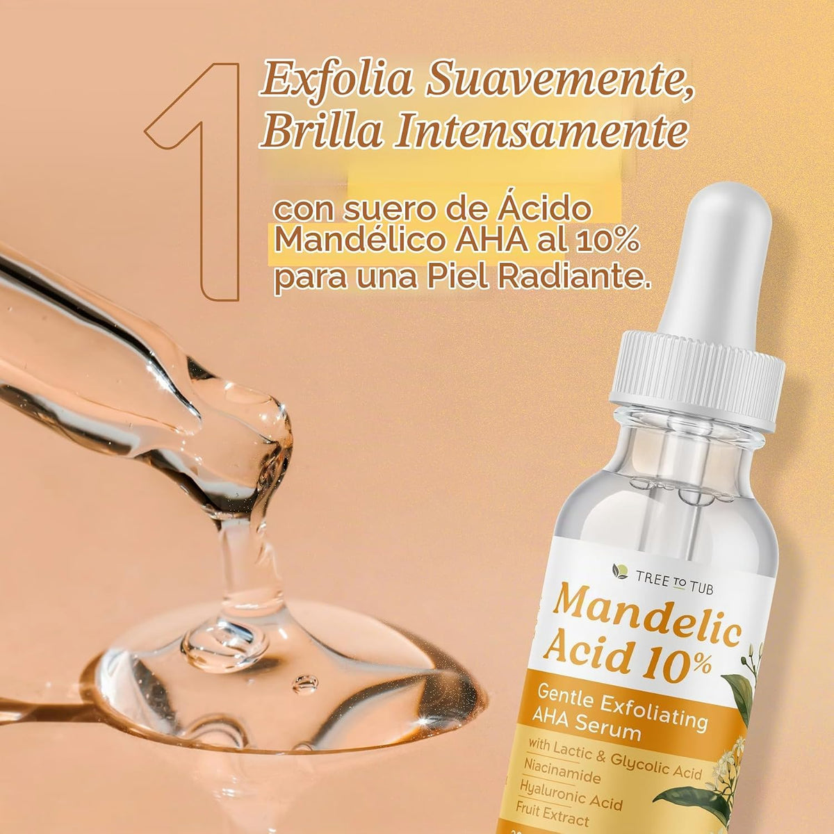 Tree To Tub Suero de ácido mandélico, 10% suave exfoliante AHA suer...