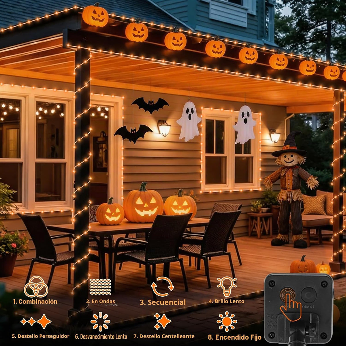 QITONG Luces solares de Halloween naranjas, 66 pies, 200 luces LED...