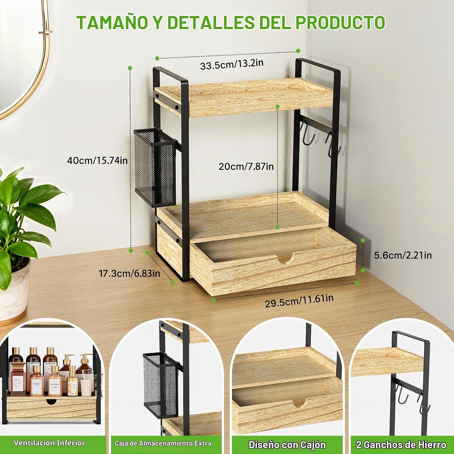 Organizador de encimera de baño de 2 niveles con cesta de cajón y g...