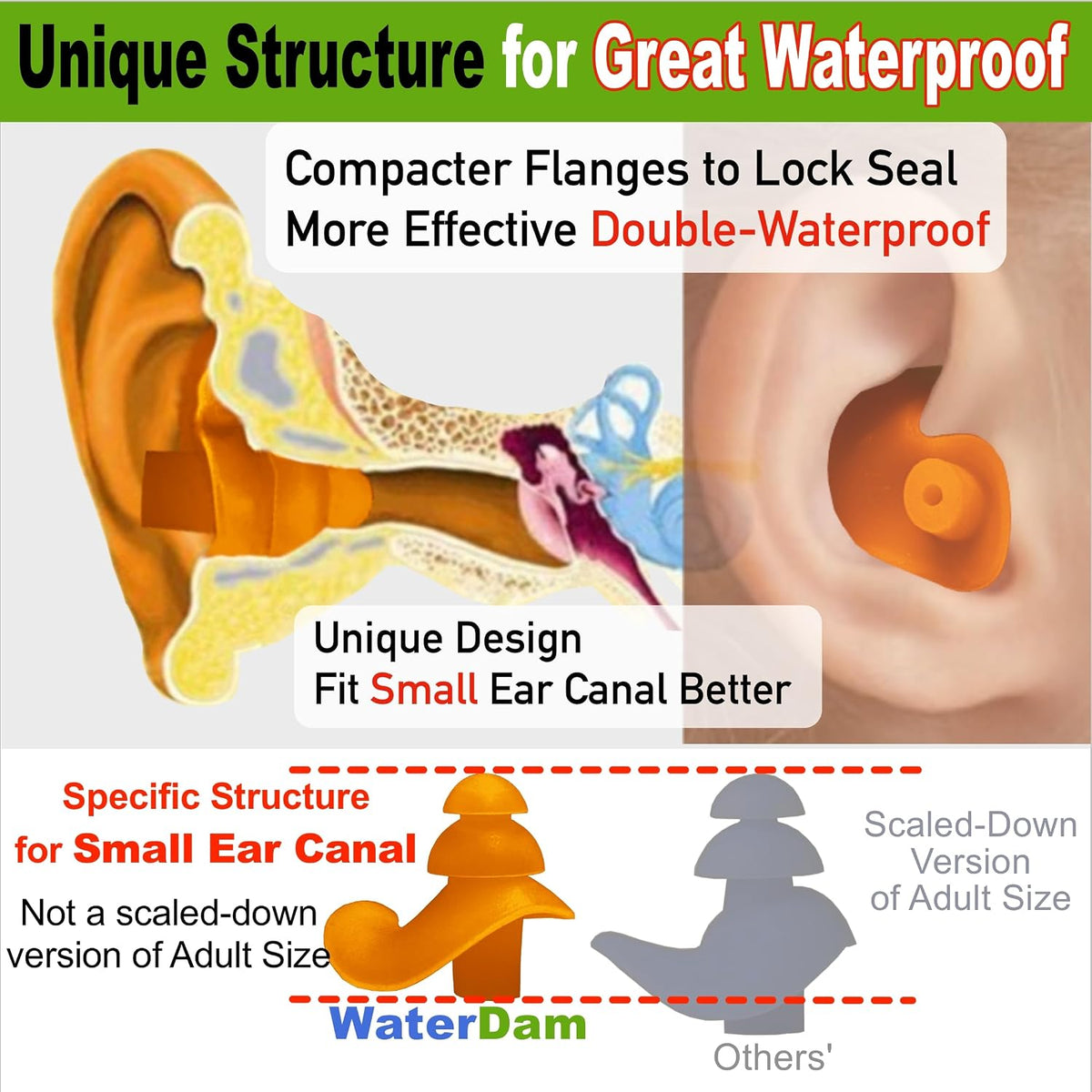 WaterDam - Tapones de natación para los oídos, gran impermeabilidad...