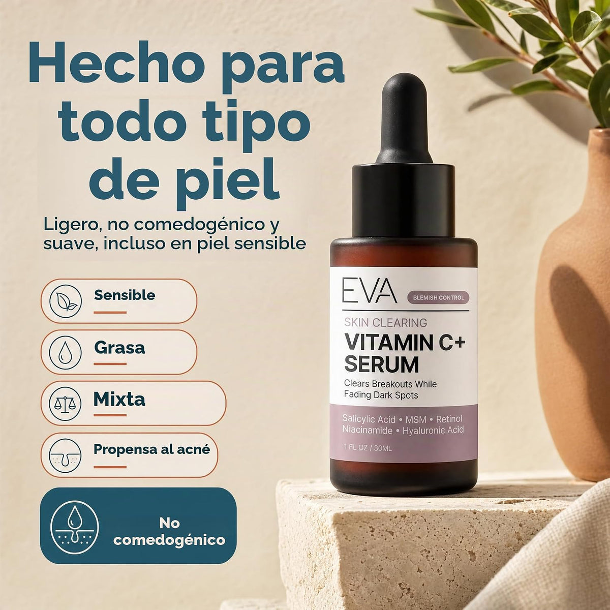 Eva Naturals Suero limpiador de piel con vitamina C, retinol y sali...