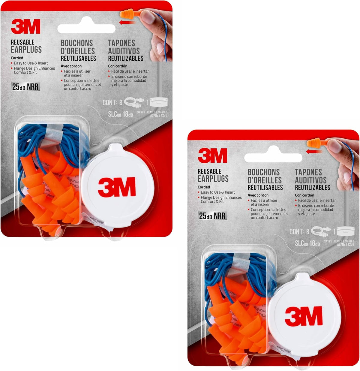 3M Tapones para los oídos reutilizables con cable, paquete de 3, cl...
