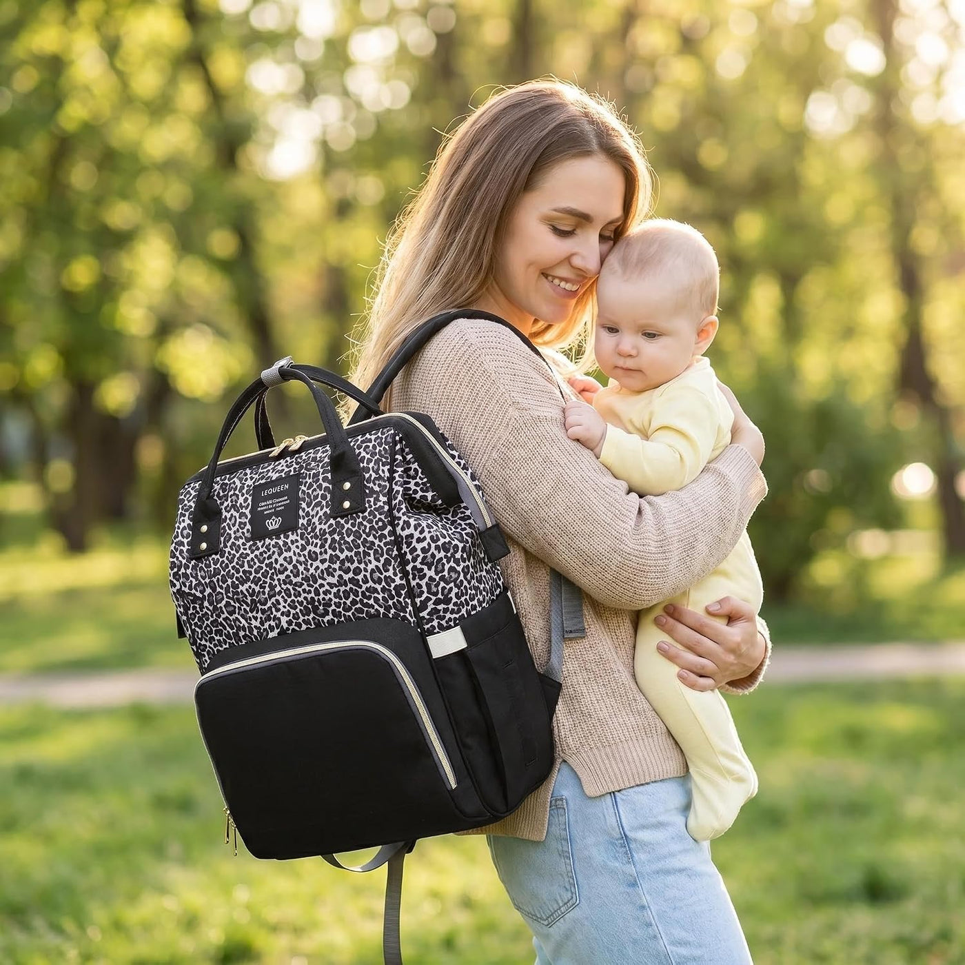 Armbq Bolsa de pañales con estampado de leopardo, mochila multifunc...