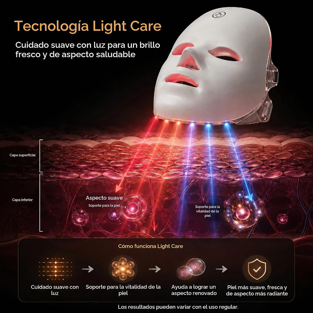 Terapia de luz roja LED para la cara | 7-1 colores, máscara de tera...