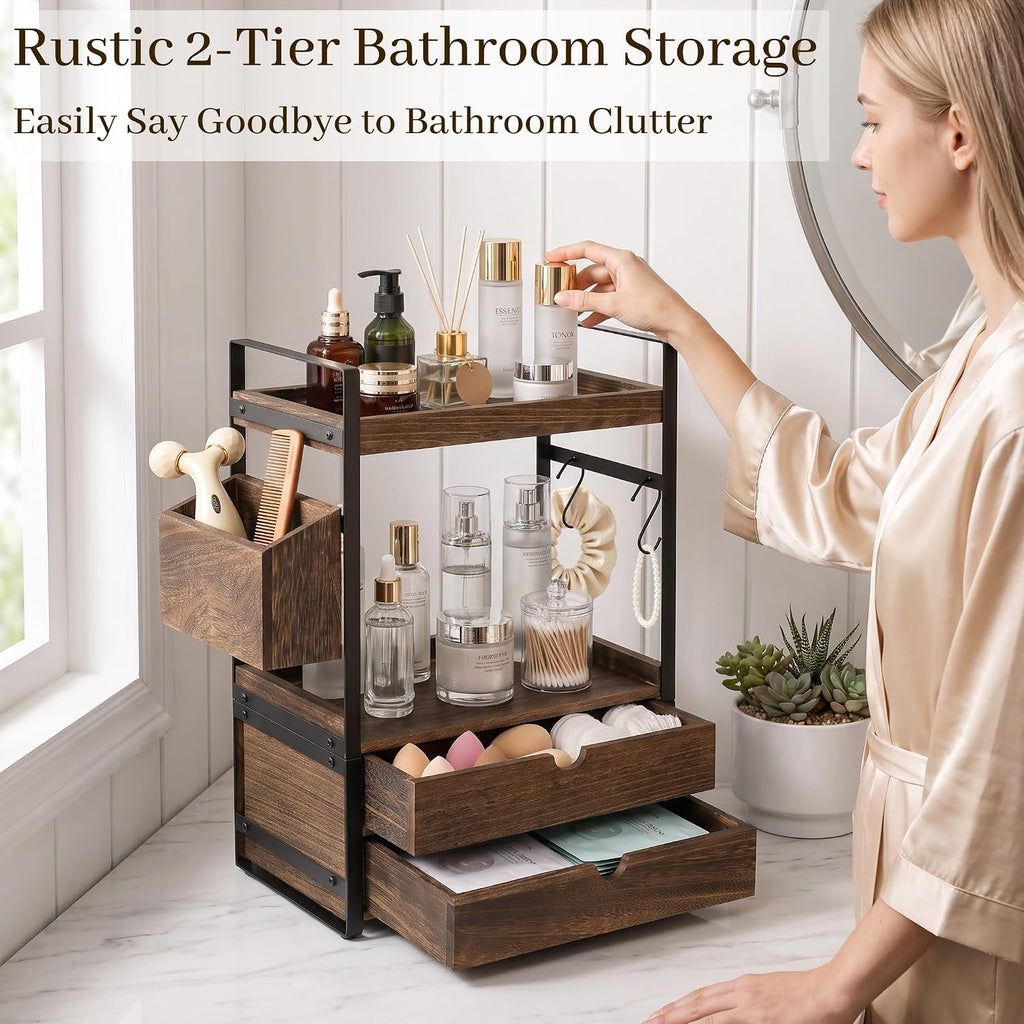 Organizador de encimera de baño de 2 niveles con 2 cajones, cesta y...