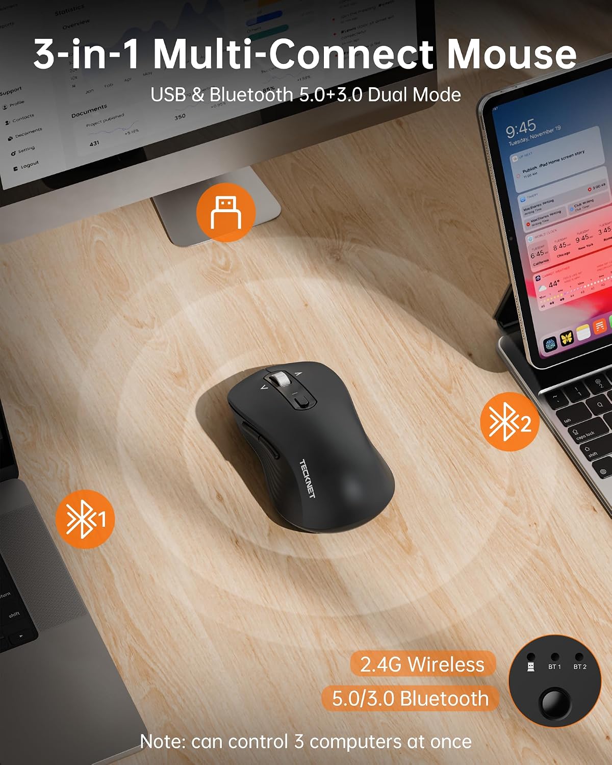 TECKNET Ratón Bluetooth inalámbrico de 3 dispositivos con rueda de...