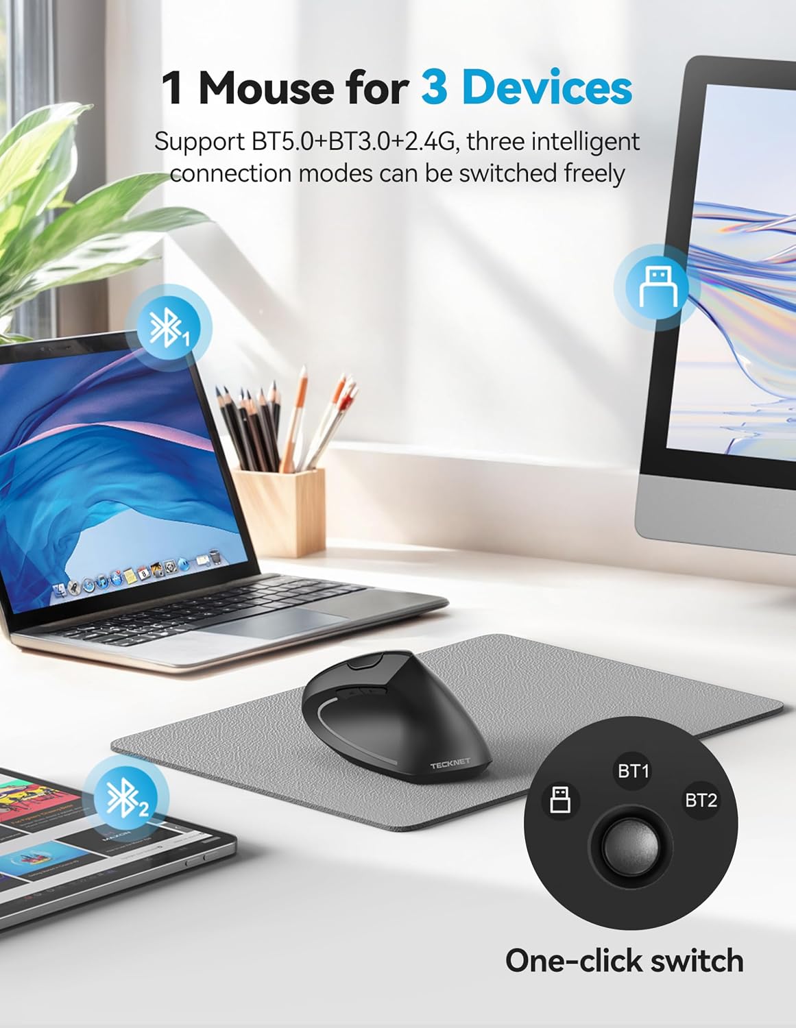 TECKNET Ratón ergonómico vertical con Jiggler Bluetooth recargable...