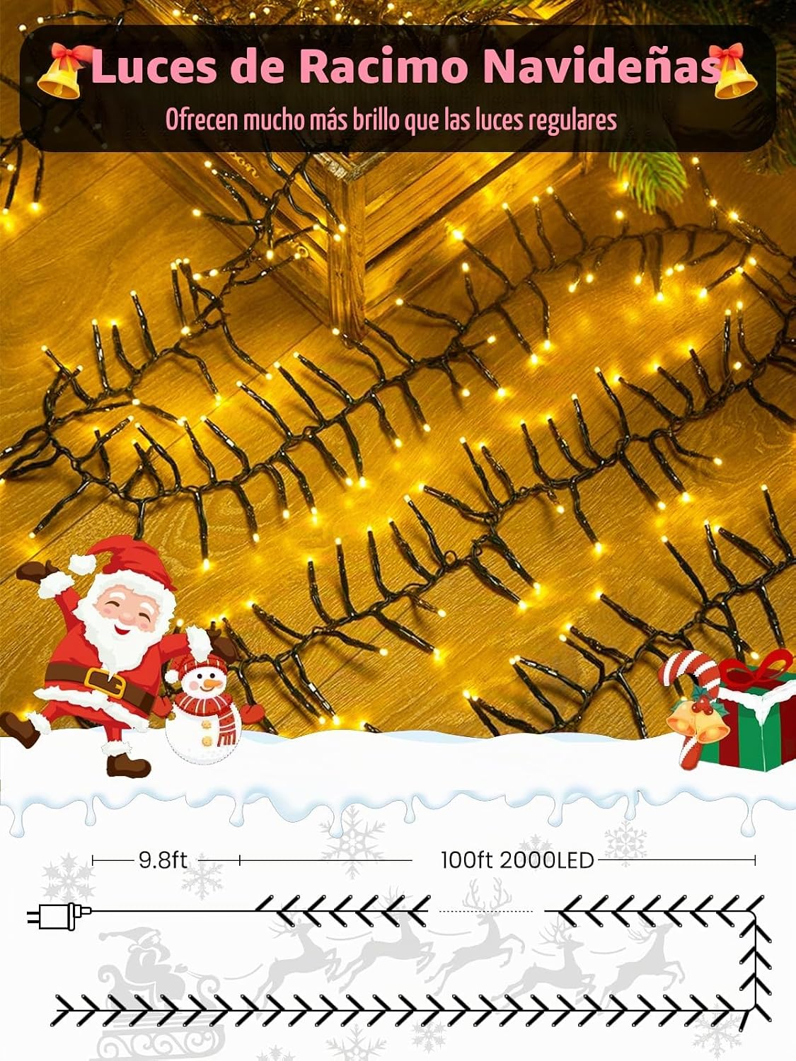 Luces de racimo de Navidad de 100 pies, 2000 luces LED con control...