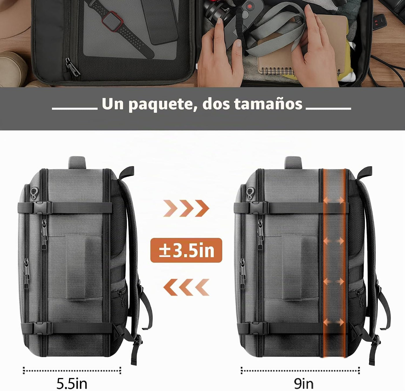 HULVION Mochila de viaje, mochila de mano expandible resistente al...