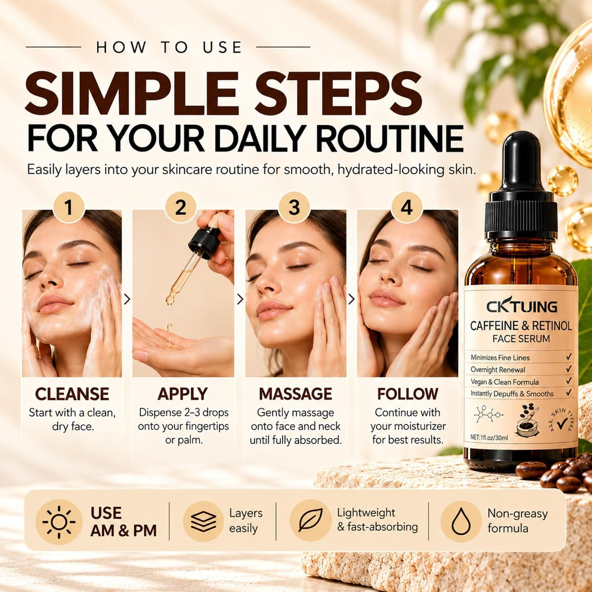 Suero facial de cafeína y retinol con ácido hialurónico, niacinamid...
