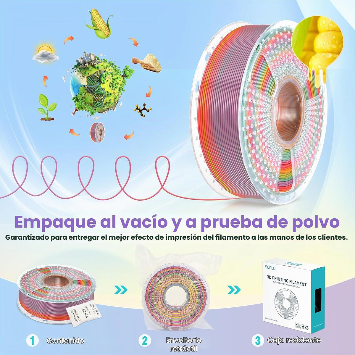 SUNLU Filamento para impresora 3D, filamento PLA arcoíris de 0.07 i...
