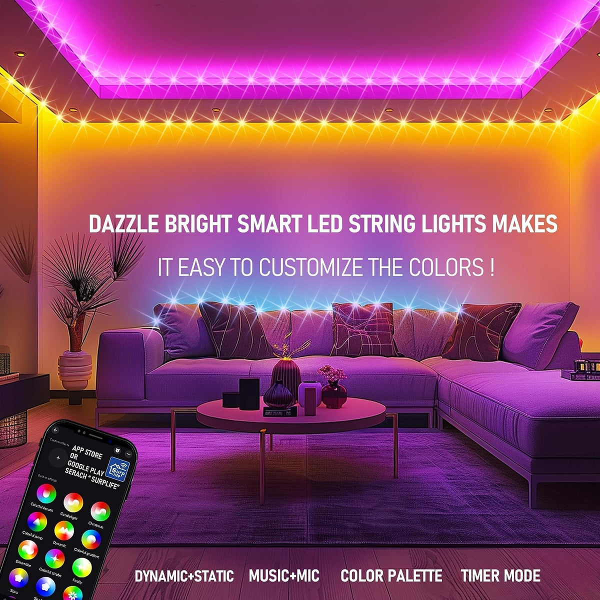 Dazzle Bright 66FT 200 LED Smart Color que cambia las luces navideñ...