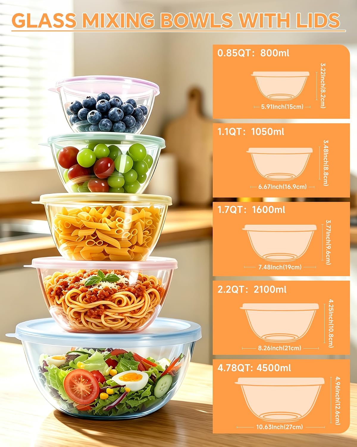 Paquete de 5 tazones de vidrio para mezclar con tapas (4.78 cuartos...