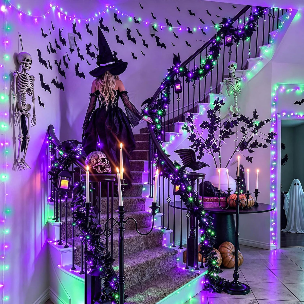 JMEXSUSS 200 luces LED moradas y verdes de Halloween para interiore...