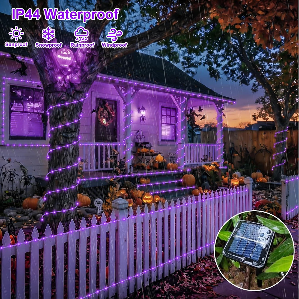 QITONG Luces solares de Halloween moradas, 66 pies, 200 luces LED s...
