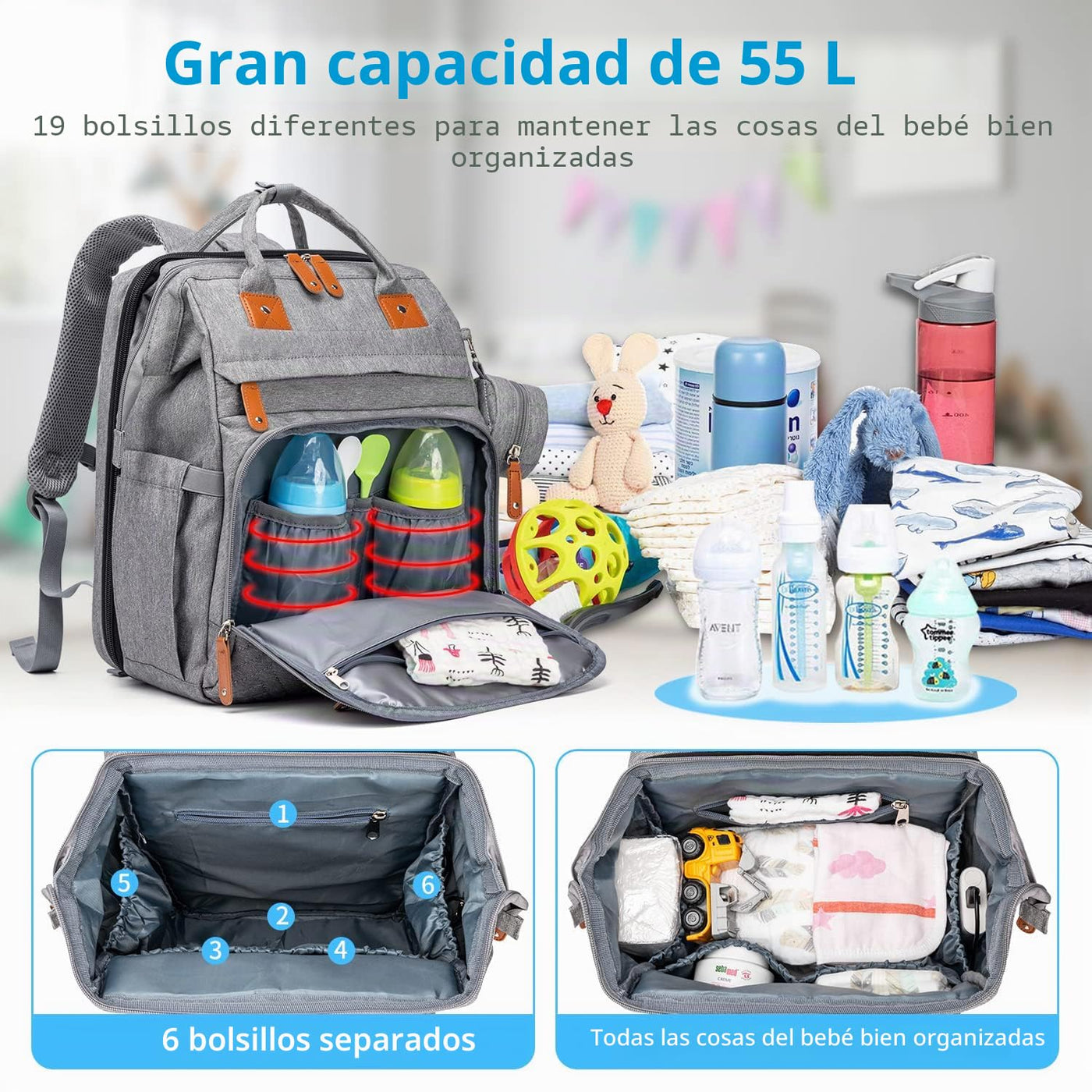 KABAQOO Mochila para pañales con estación de cambio desmontable, bo...