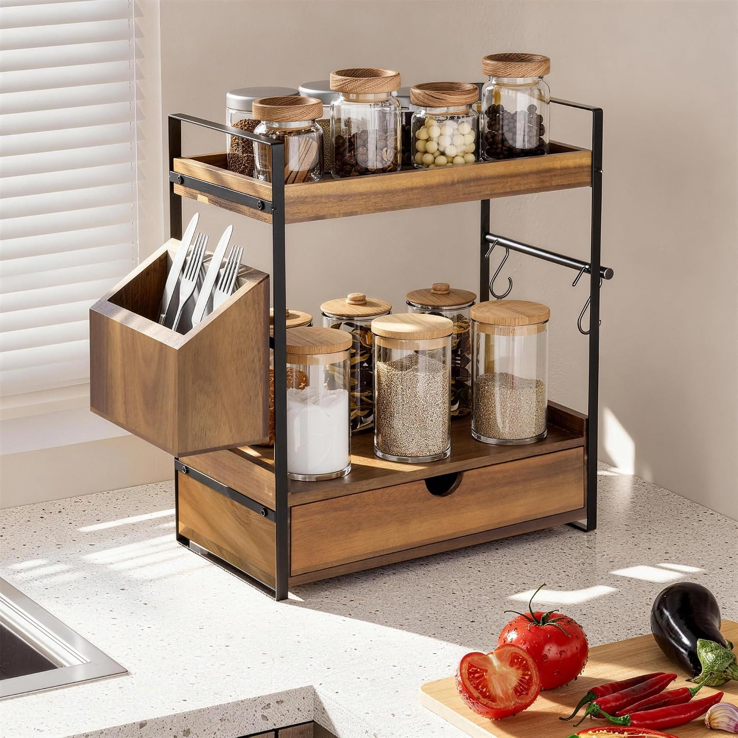 Organizador de encimera de baño de 2 niveles con cajón y cesta, org...