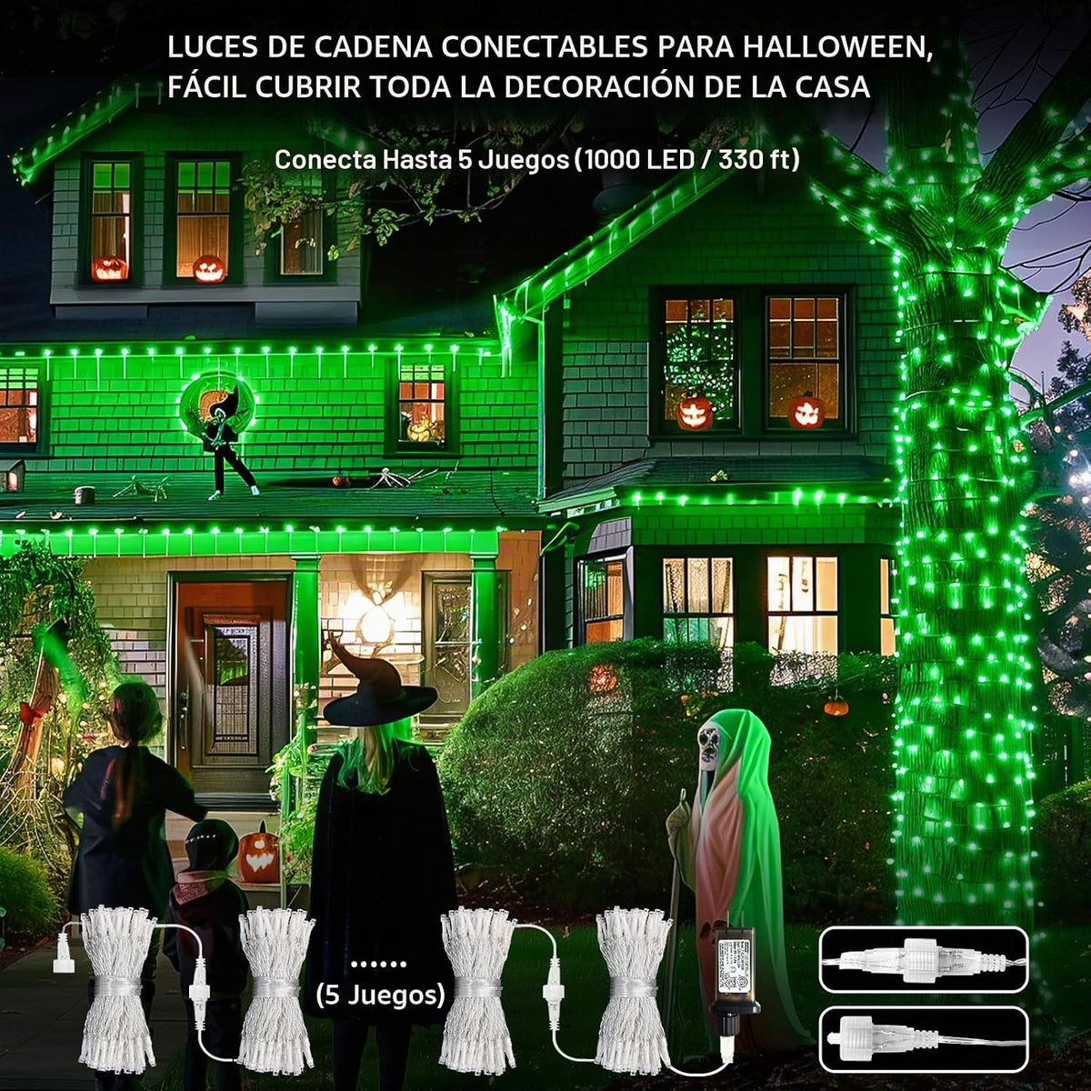 JMEXSUSS 200 luces LED verdes de Halloween para interiores y exteri...