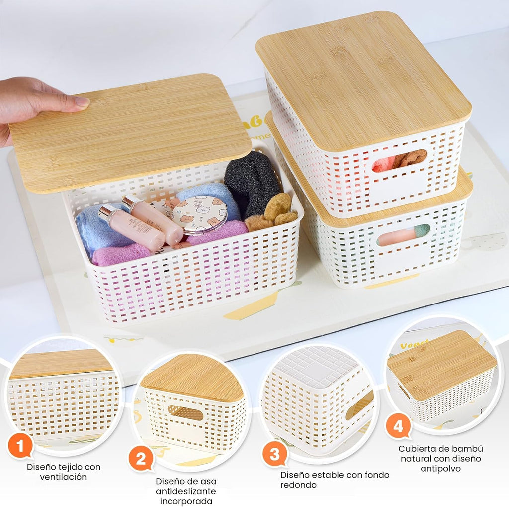 Ohmlove - Cestas de almacenamiento de plástico con tapa de bambú -...