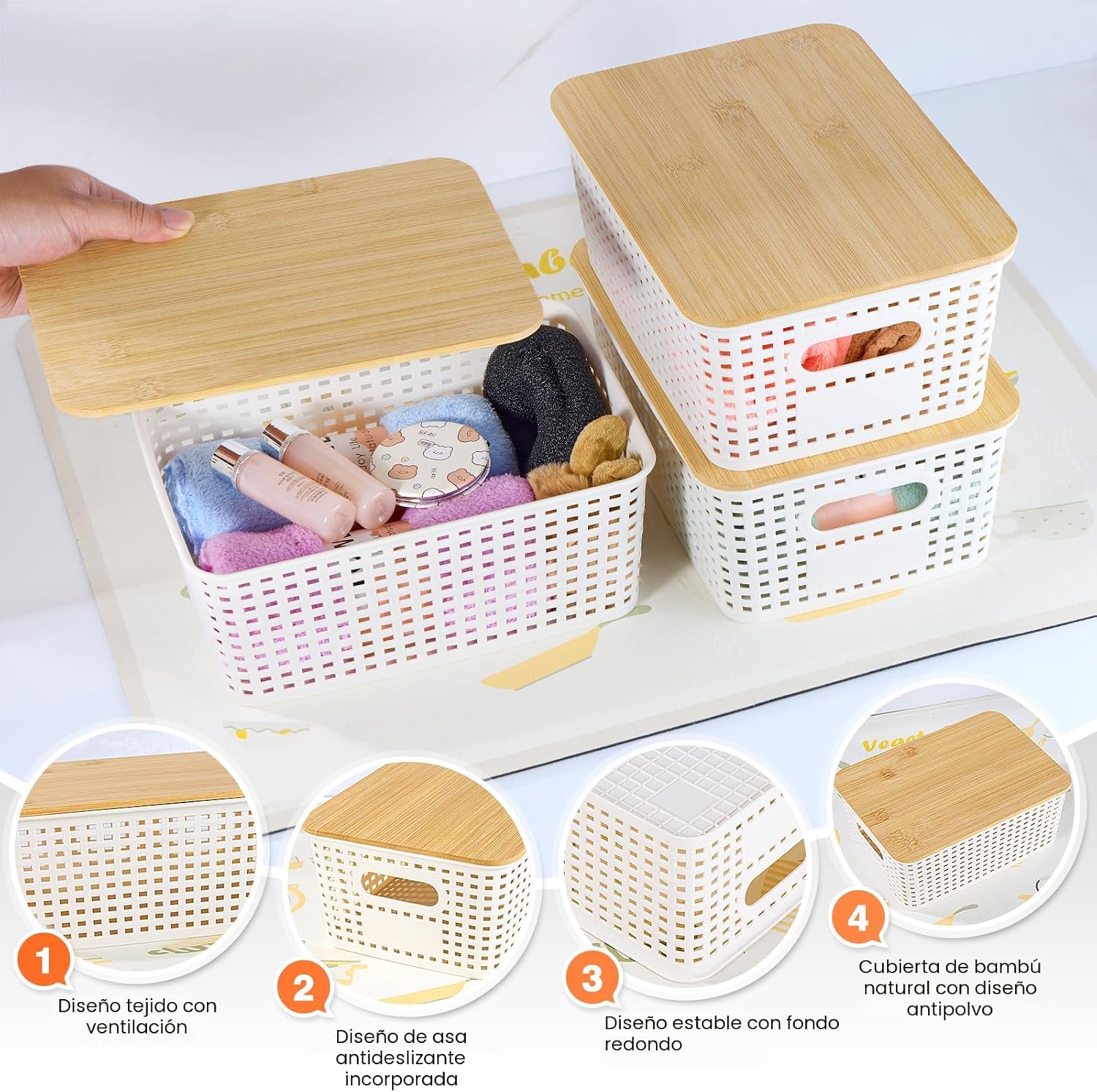 Ohmlove - Cestas de almacenamiento de plástico con tapa de bambú -...