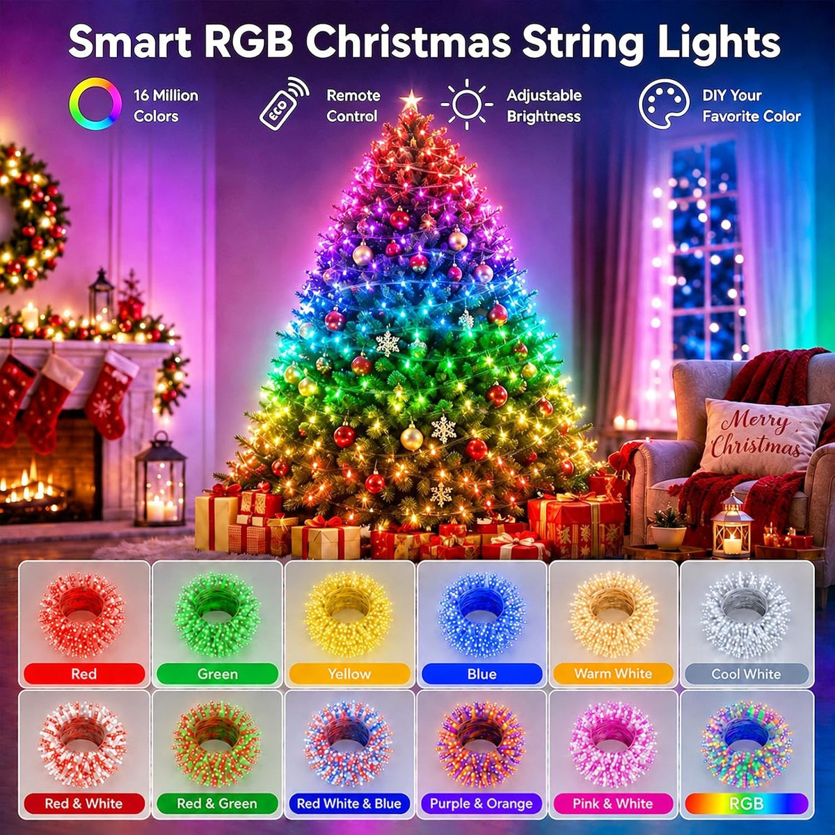 Luces de Navidad inteligentes que cambian de color, 33 pies, 100 lu...