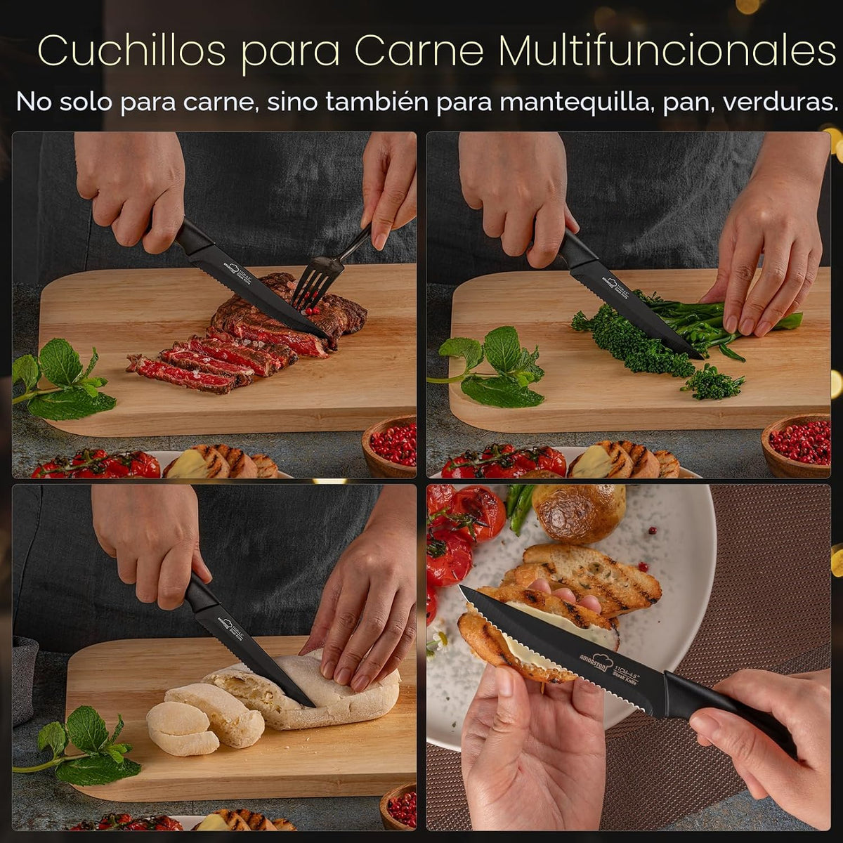 Amorston Cuchillos para carne, juego de 8 cuchillos de carne de ace...