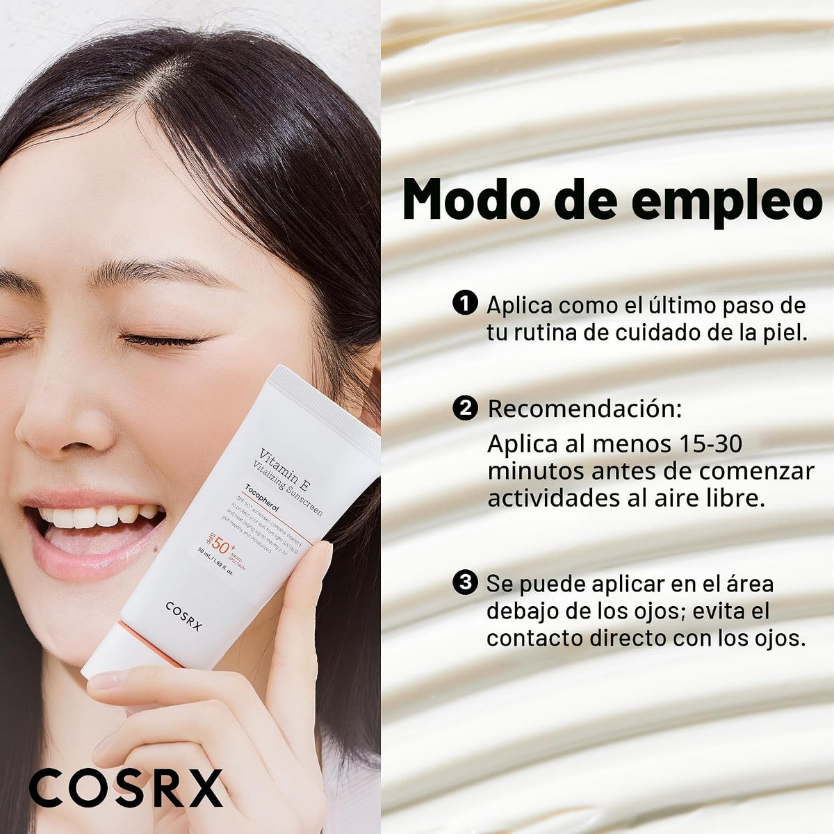 COSRX Vitamina E Protector solar SPF 50, brillo natural, para piel...